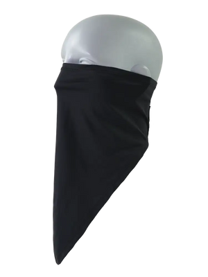 A black face mask scarf with a Miami Dolphins logo on the right cheek, displayed on a gray mannequin head against a white background showing the left side of the product with no visible logo.