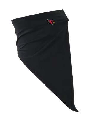 A black face mask scarf with an Arizona Cardinals logo on the right cheek, displayed against a white background.