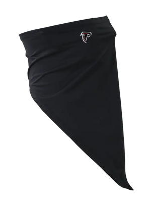 A black face mask scarf with an Atlanta Falcons logo on the right cheek, displayed against a white background.