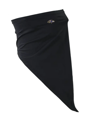A black face mask scarf with a Baltimore Ravens logo on the right cheek, displayed against a white background.