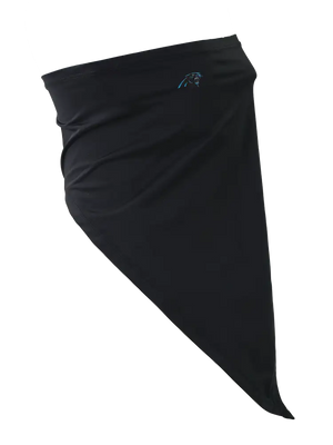 A black face mask scarf with a Carolina Panthers logo on the right cheek, displayed against a white background.