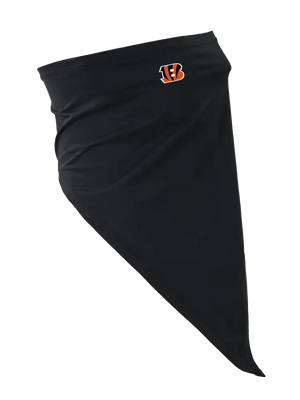 A black face mask scarf with a Cincinnati Bengals logo on the right cheek, displayed against a white background.