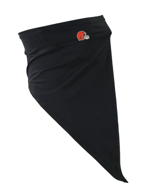 A black face mask scarf with a Cleveland Browns logo on the right cheek, displayed against a white background.