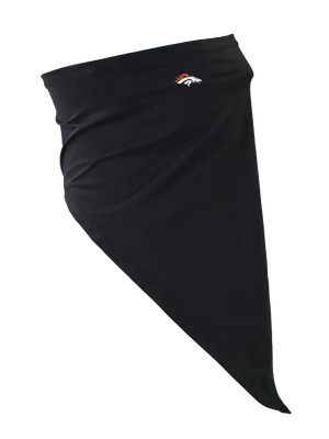 A black face mask scarf with a Denver Broncos logo on the right cheek, displayed against a white background.