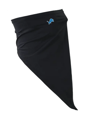 A black face mask scarf with a Detroit Lions logo on the right cheek, displayed against a white background.