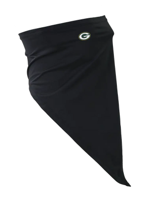 A black face mask scarf with a Green Bay Packers logo on the right cheek, displayed against a white background.