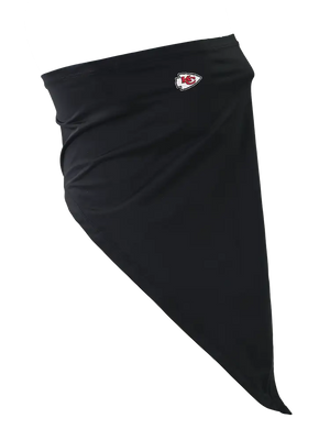 A black face mask scarf with a Kansas City Chiefs logo on the right cheek, displayed against a white background.