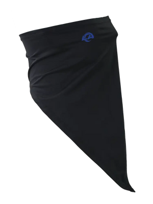 A black face mask scarf with a Los Angeles Rams logo on the right cheek, displayed against a white background.