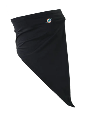 A black flip scarf with a Miami Dolphins logo against a white background.
