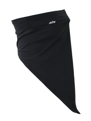 A black flip scarf featuring a Jets logo, displayed on a clean white background.