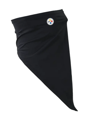 A black flip scarf featuring a Steelers logo, displayed on a clean white background.