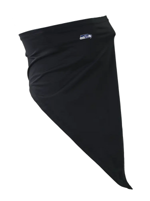 A black flip scarf featuring a small Seattle Seahawks logo, displayed on a clean white background.