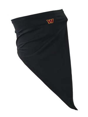A black flip scarf featuring a small red and yellow 'W' logo displayed on a solid white background.