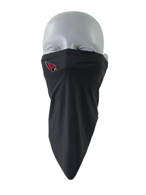 A black face mask scarf with a Arizona Cardinals logo on the right cheek, displayed on a gray mannequin head against a white background.