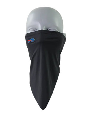 A black face mask scarf with a Buffalo Bills logo on the right cheek, displayed on a gray mannequin head against a white background.