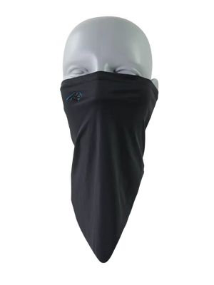 A black face mask scarf with a Carolina Panthers logo on the right cheek, displayed on a gray mannequin head against a white background.