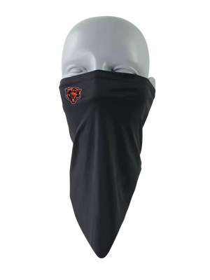 A black face mask scarf with a Chicago Bears logo on the right cheek, displayed on a gray mannequin head against a white background.