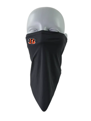 A black face mask scarf with a Cincinnati Bengals logo on the right cheek, displayed on a gray mannequin head against a white background.