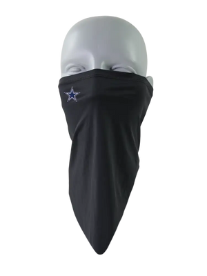 A black face mask scarf with a Dallas Cowboys logo on the right cheek, displayed on a gray mannequin head against a white background.