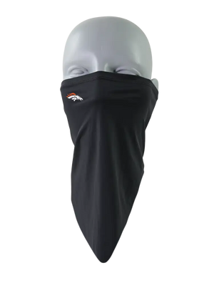 A black face mask scarf with a Denver Broncos logo on the right cheek, displayed on a gray mannequin head against a white background.