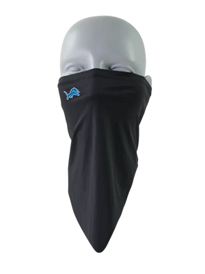 A black face mask scarf with a Detroit Lions logo on the right cheek, displayed on a gray mannequin head against a white background.