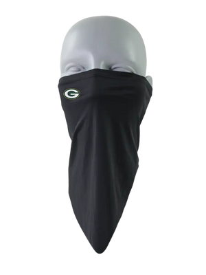 A black face mask scarf with a Green Bay Packers logo on the right cheek, displayed on a gray mannequin head against a white background.
