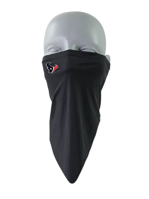 A black face mask scarf with a Houston Texans logo on the right cheek, displayed on a gray mannequin head against a white background.
