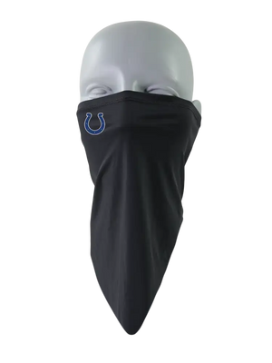 A black face mask scarf with an Indianapolis Colts logo on the right cheek, displayed on a gray mannequin head against a white background.