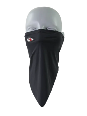 A black face mask scarf with a Kansas City Chiefs logo on the right cheek, displayed on a gray mannequin head against a white background.