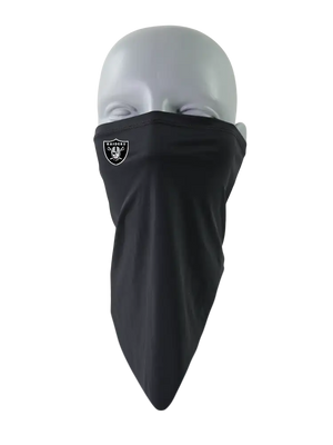 A black face mask scarf with a black and silver Oakland Raiders shield logo on the right cheek, displayed on a gray mannequin head against a white background.