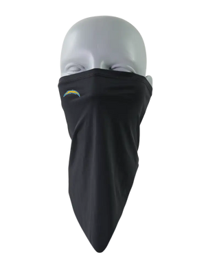 A black face mask scarf with a Los Angeles Chargers logo on the right cheek, displayed on a gray mannequin head against a white background.