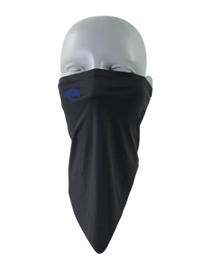 A black face mask scarf with a Los Angeles Rams logo on the right cheek, displayed on a gray mannequin head against a white background.