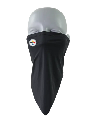 A black flip scarf featuring a Steelers logo, displayed on a clean white background.