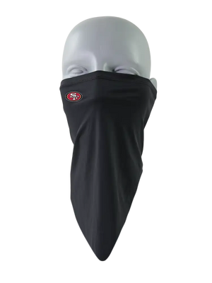 A black flip scarf featuring a small San Francisco 49ers logo, displayed on a clean white background.
