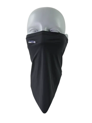A black flip scarf featuring a small Seattle Seahawks logo, displayed on a clean white background.