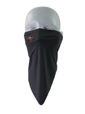 A black flip scarf featuring a small Tampa Bay Buccaneers logo, displayed on a clean white background.