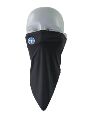 A black flip scarf displayed on a clear mannequin head against a plain white background, featuring a small Titans logo on the upper left side.