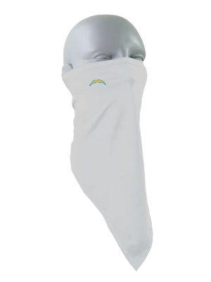 A gray face mask scarf with a Los Angeles Chargers logo on the right cheek, displayed on a gray mannequin head against a white background.