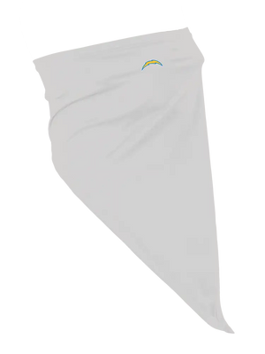 A gray face mask scarf with a Los Angeles Chargers logo on the right cheek, displayed against a white background.