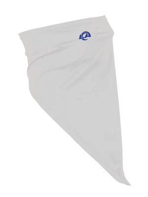 A gray face mask scarf with a Los Angeles Rams logo on the right cheek, displayed against a white background.