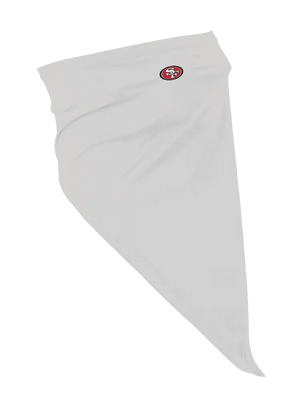 A grey flip scarf featuring a small San Francisco 49ers logo, displayed on a clean white background.