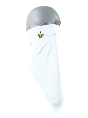 A white face mask scarf with a New Orleans Saints logo on the right cheek, displayed on a gray mannequin head against a white background.