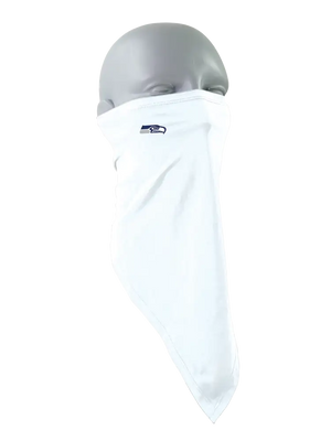 A white face mask scarf with a Seattle Seahawks logo on the right cheek, displayed on a gray mannequin head against a white background.