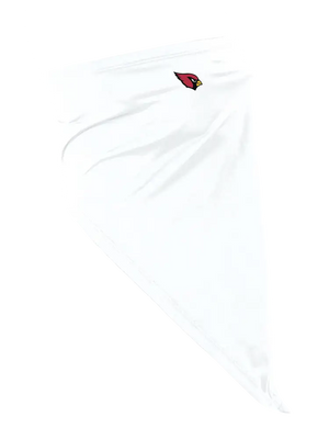 A white face mask scarf with an Arizona Cardinals logo on the right cheek, displayed against a white background.