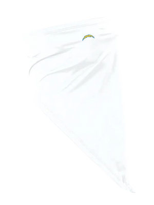 A white face mask scarf with a Los Angeles Chargers logo on the right cheek, displayed against a white background.