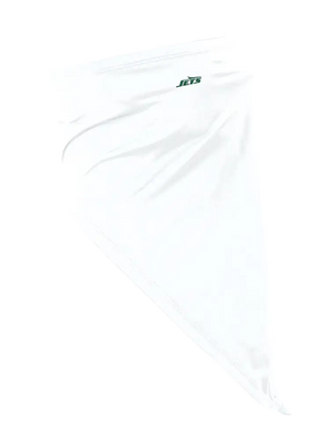 A white face mask scarf with a New York Jets logo on the right cheek, displayed against a white background.