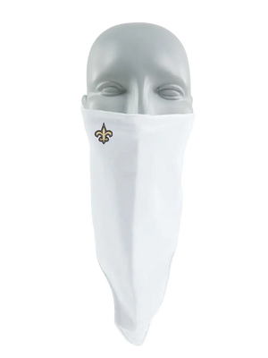 A white face mask scarf with a New Orleans Saints logo on the right cheek, displayed on a gray mannequin head against a white background.
