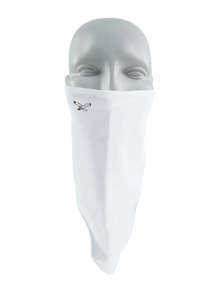 A white flip scarf featuring the classic Philadelphia Eagles logo on the right cheek, displayed on a clean white background.