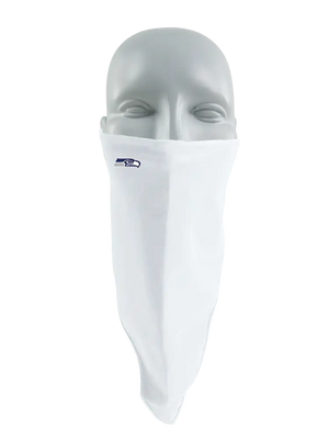 A white face mask scarf with a Seattle Seahawks logo on the right cheek, displayed on a gray mannequin head against a white background.