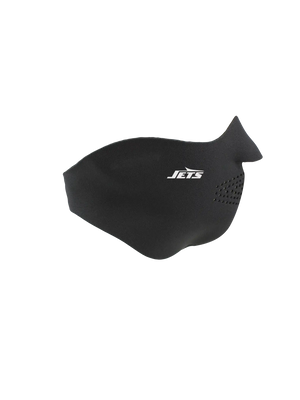 Black face mask with a Jets logo on a white background
